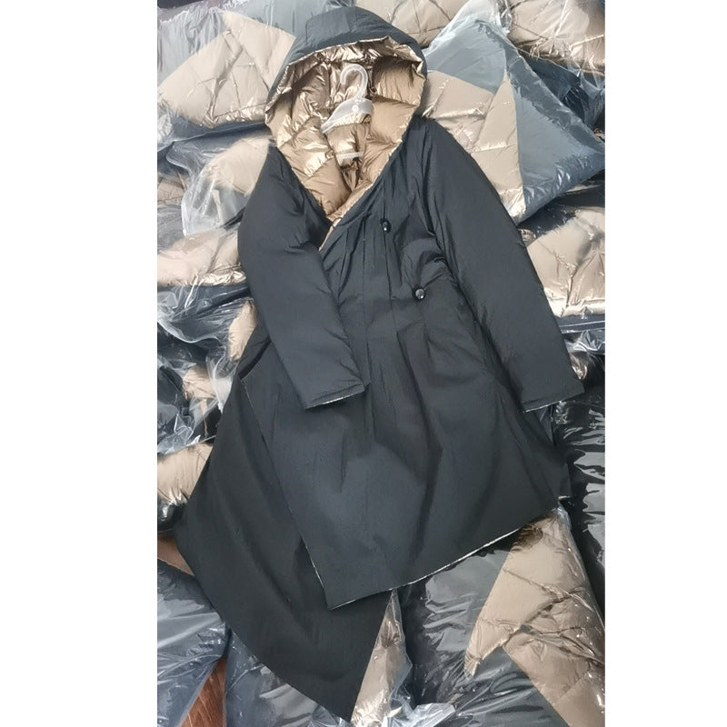 Glossy Reversible Down Jacket — Slim Irregular Hem
