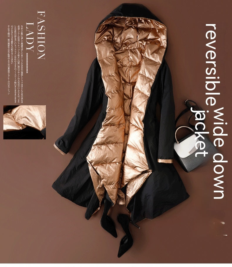 Glossy Reversible Down Jacket — Slim Irregular Hem