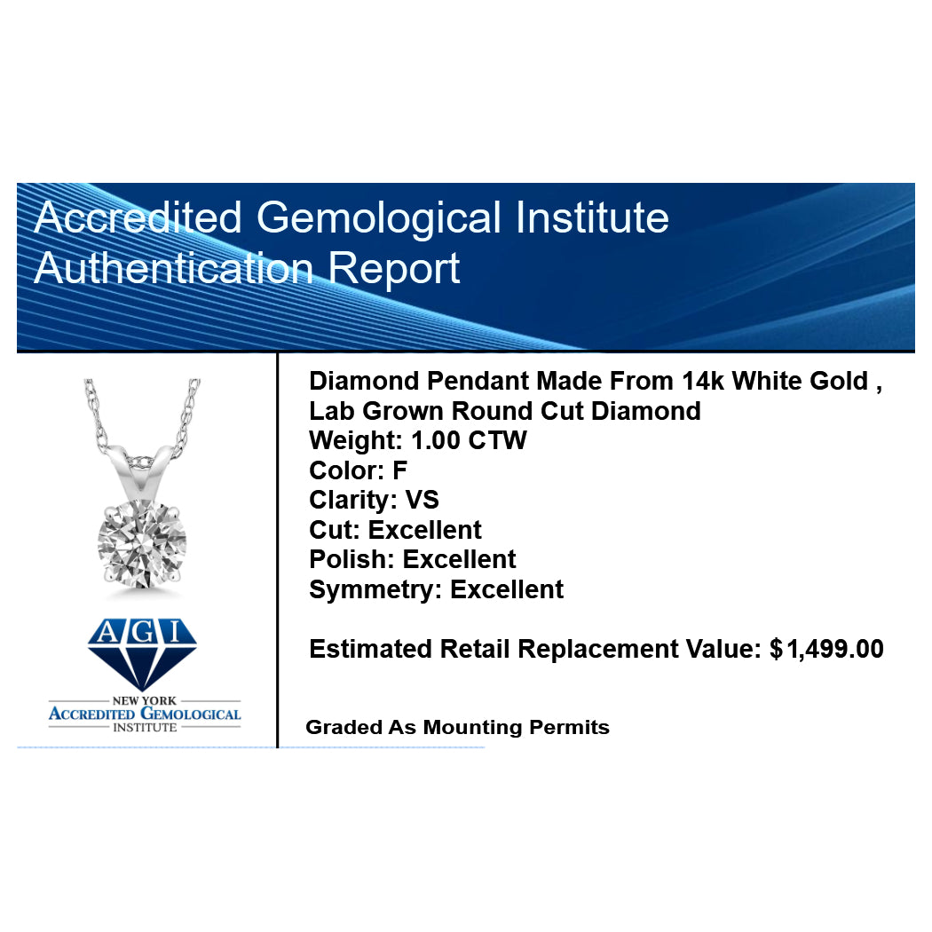 1.00 CTW Lab Grown Diamond Solitaire Pendant in 14K Gold