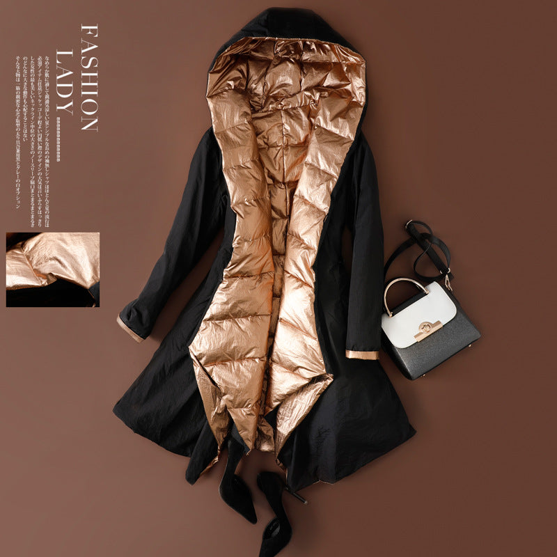 Glossy Reversible Down Jacket — Slim Irregular Hem