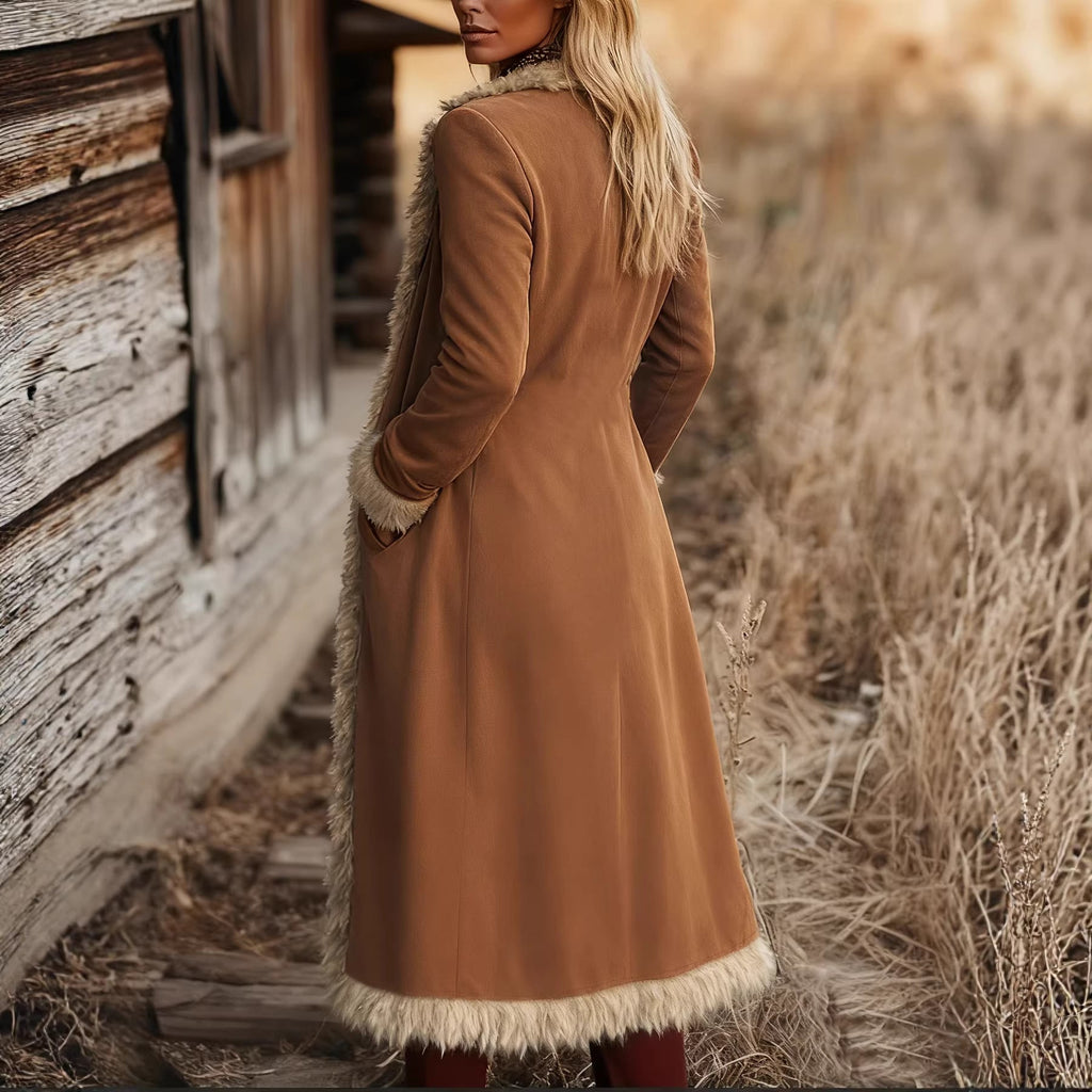 Women's Spring And Autumn Fashion Retro Suede Edge Solid Color Long Wind Jacket