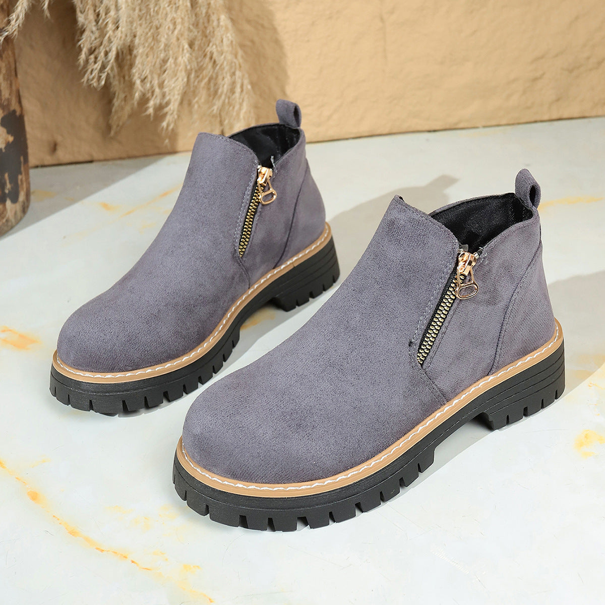 Fashion Ankle Boots With Side Zipper Ins Chunky Boots Autumn Winter Suede Shoes Women