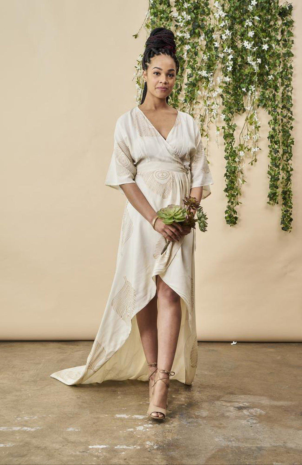 Peacock Feather Maxi Wrap Dress with Train — Cream & Gold