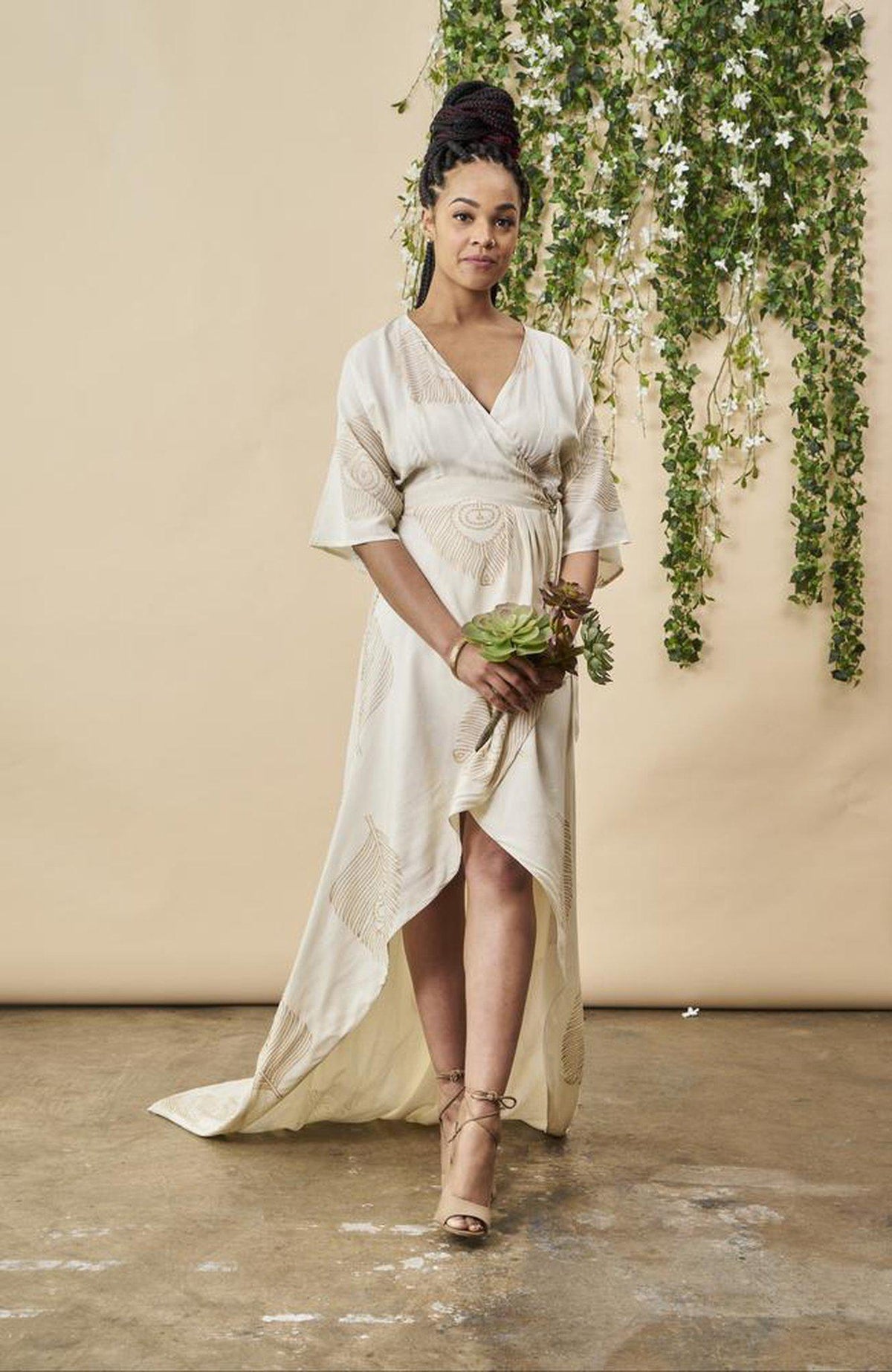 Peacock Feather Maxi Wrap Dress with Train — Cream & Gold