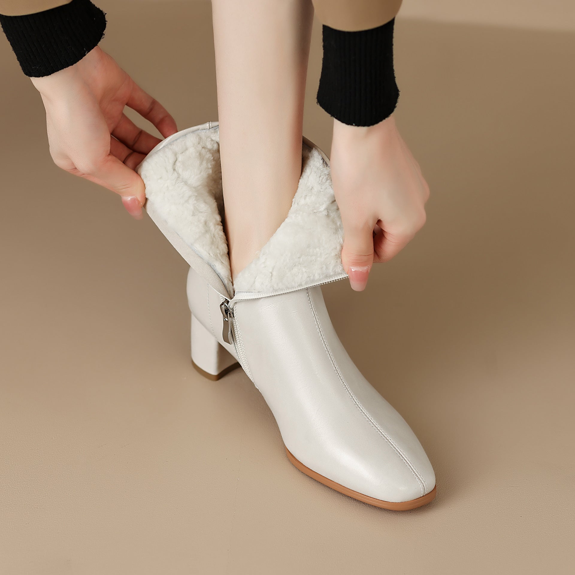 Women's Short Boots, Chunky Mid-heel, Thick Fur Snow Boots, Cotton Boots