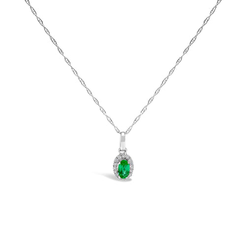 10K White Gold 5x3mm Green Emerald and Diamond Accent Halo Oval Shape 18" Pendant Necklace (I-J Color, I1-I2 Clarity)