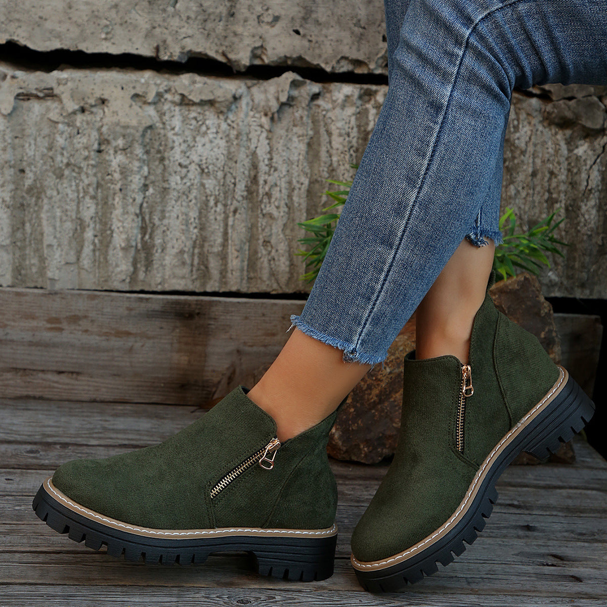 Fashion Ankle Boots With Side Zipper Ins Chunky Boots Autumn Winter Suede Shoes Women