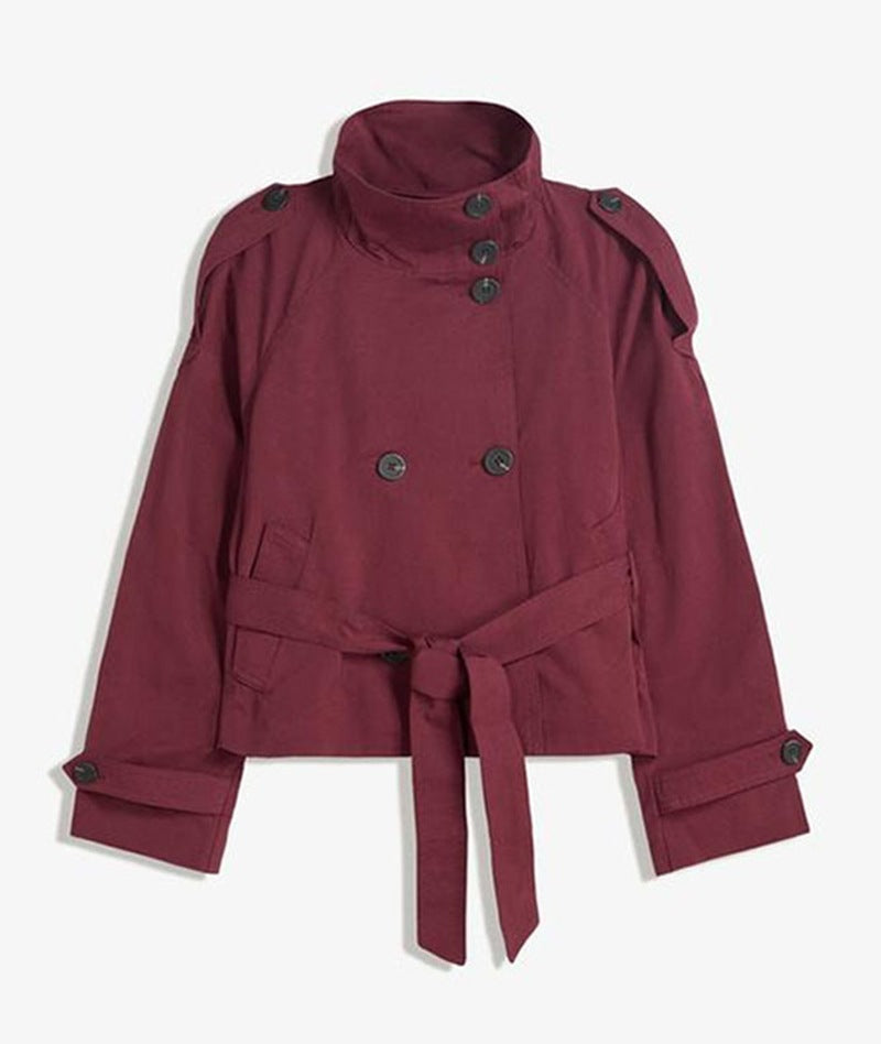 Womens Buttoned Waist-Cinching Lace-Up Trench Coat