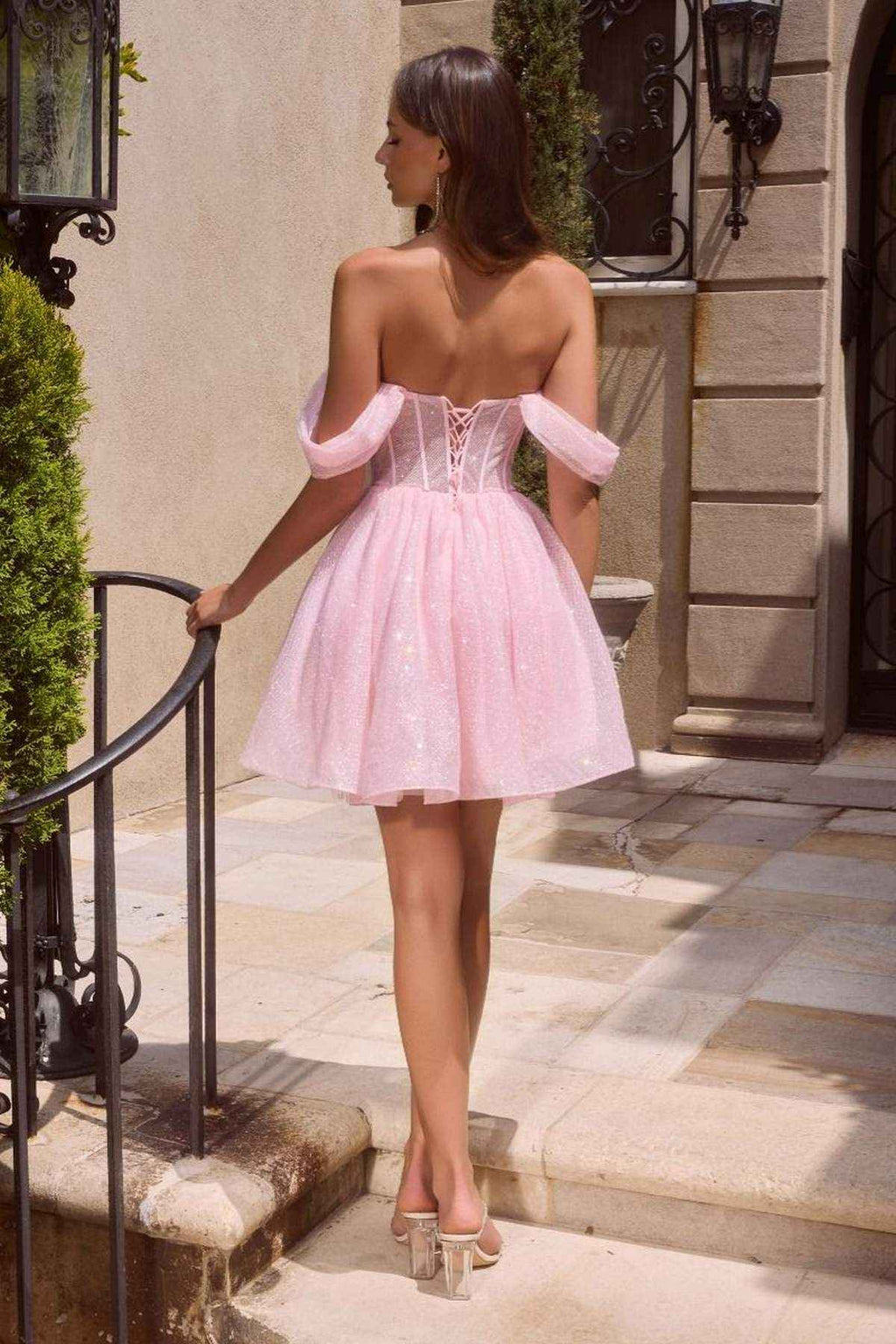 Ladivine CJ420 Off-Shoulder Glitter Tulle Short Dress with Corset Back