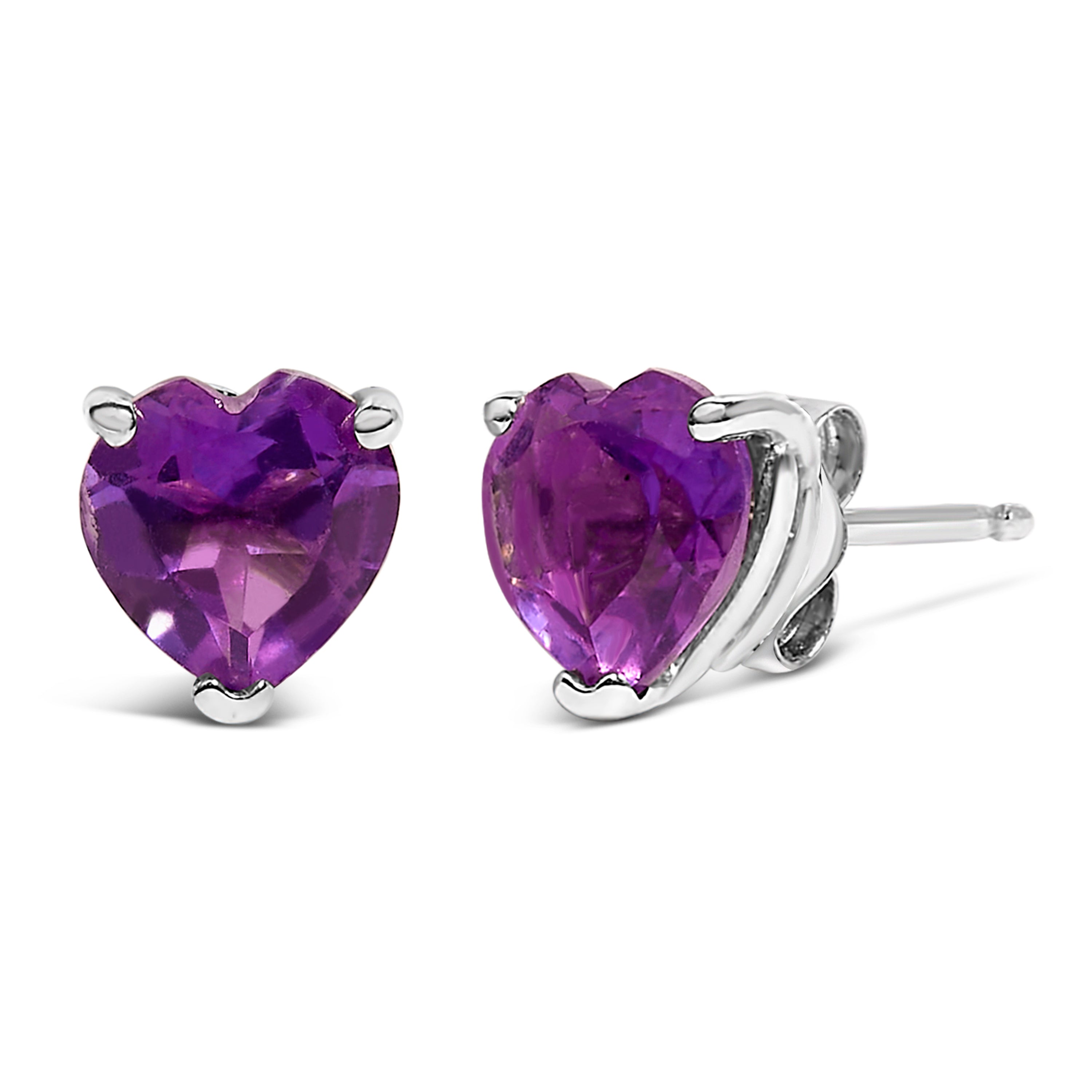 14K White Gold 5MM Heart Cut Purple Amethyst Solitaire Stud Earrings