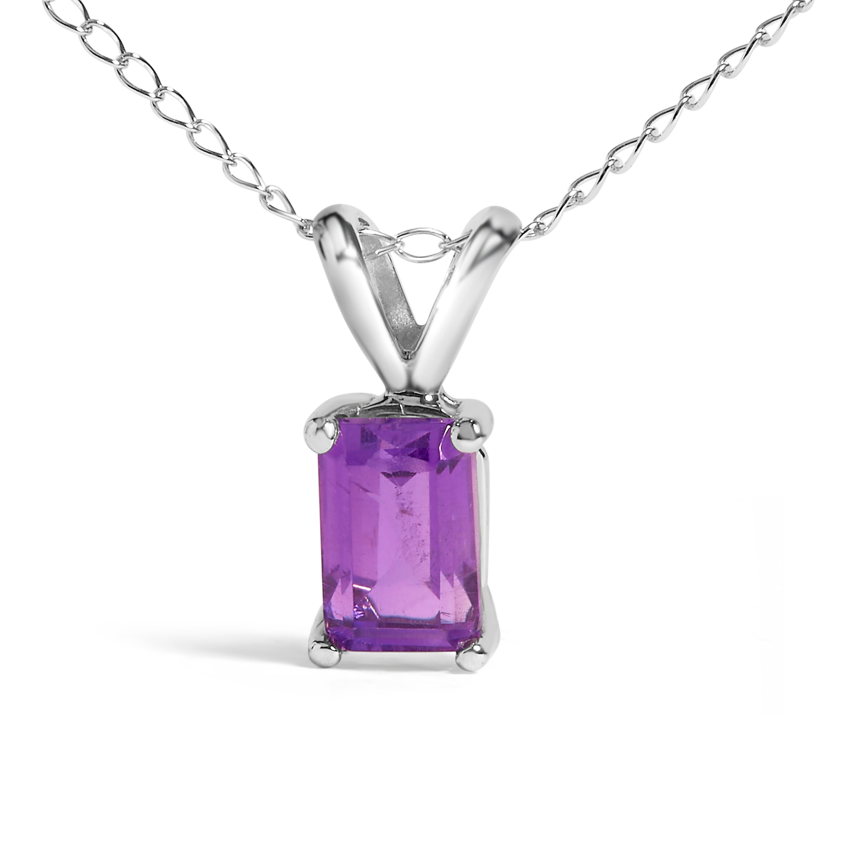 14K White Gold 6x4MM Emerald Cut Purple Amethyst Solitaire Pendant Necklace