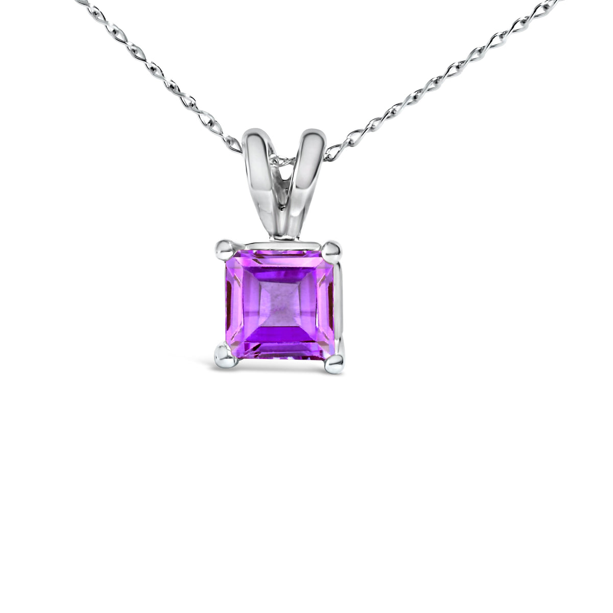 14K White Gold 5x5 MM Square Shaped Purple Amethyst Solitaire Pendant Necklace