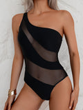 Women's asymmetrical shoulder suspender top translucent mesh swimsuit