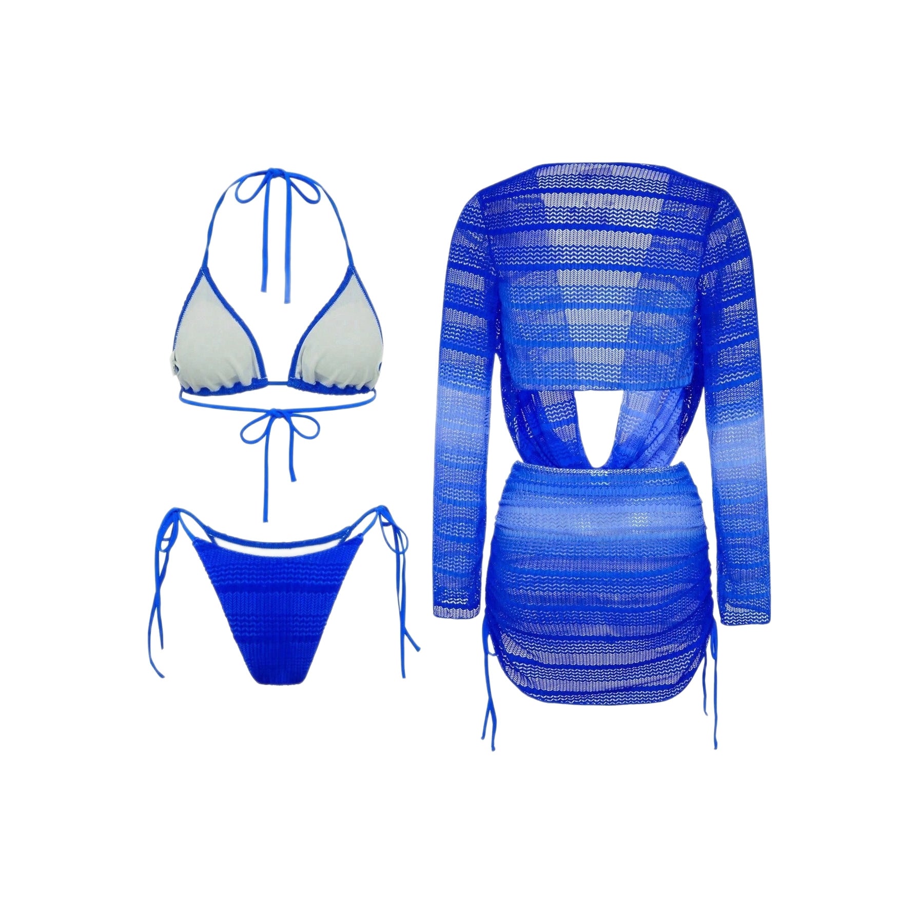 Tie-Dye Mesh Long Sleeve Beach Dress Bikini Set