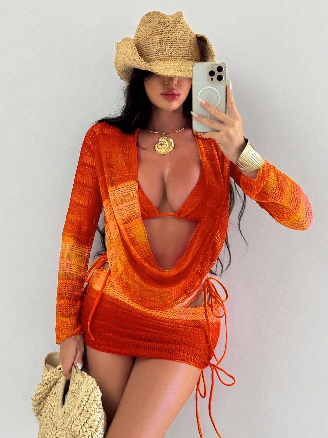 Tie-Dye Mesh Long Sleeve Beach Dress Bikini Set