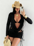 Tie-Dye Mesh Long Sleeve Beach Dress Bikini Set