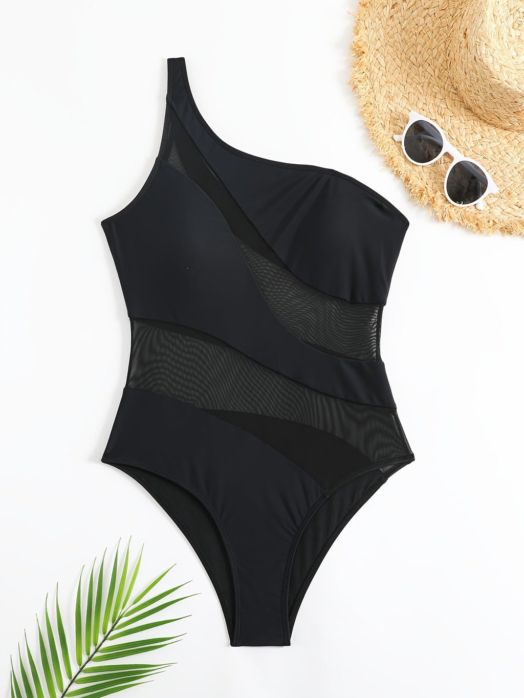 Women's asymmetrical shoulder suspender top translucent mesh swimsuit