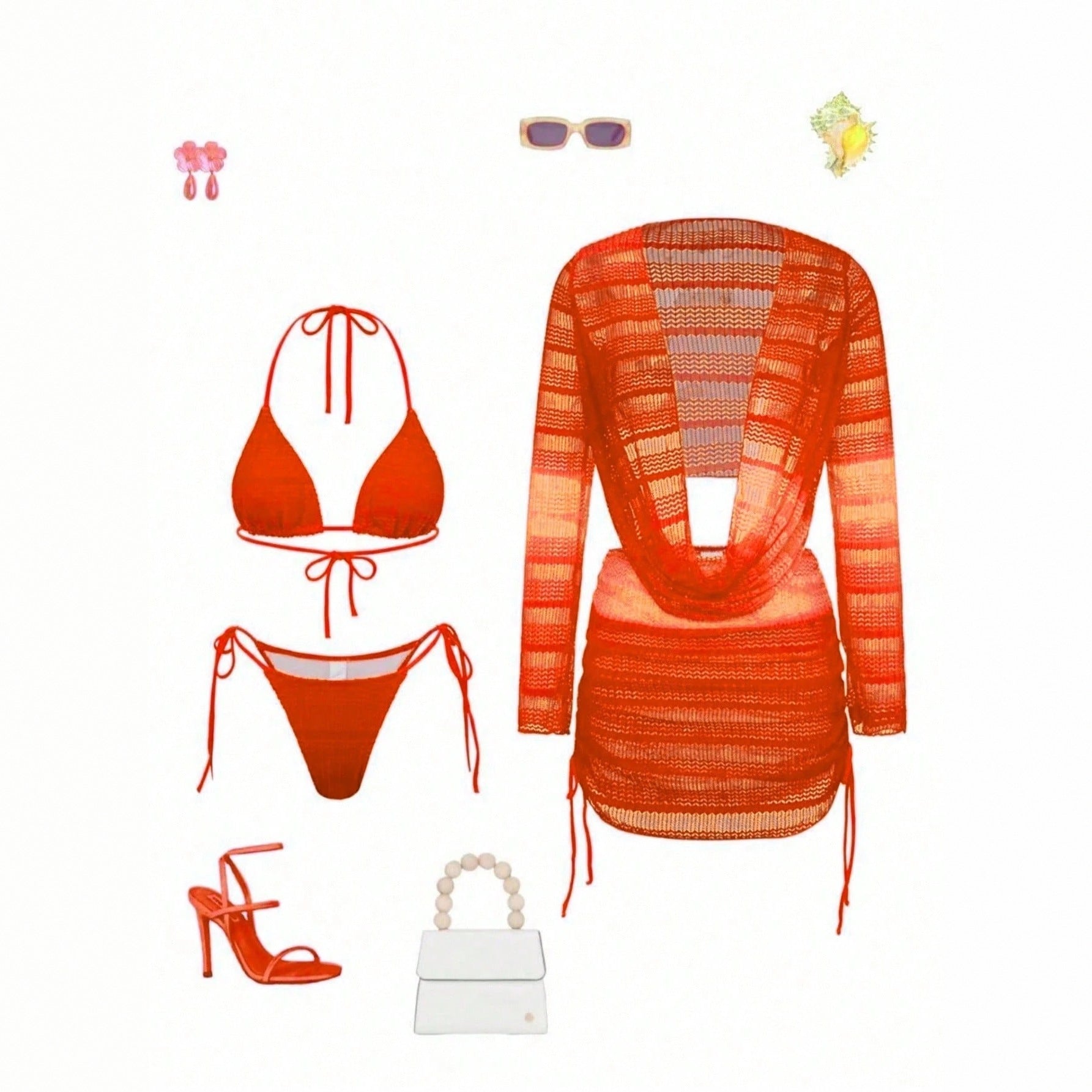 Tie-Dye Mesh Long Sleeve Beach Dress Bikini Set