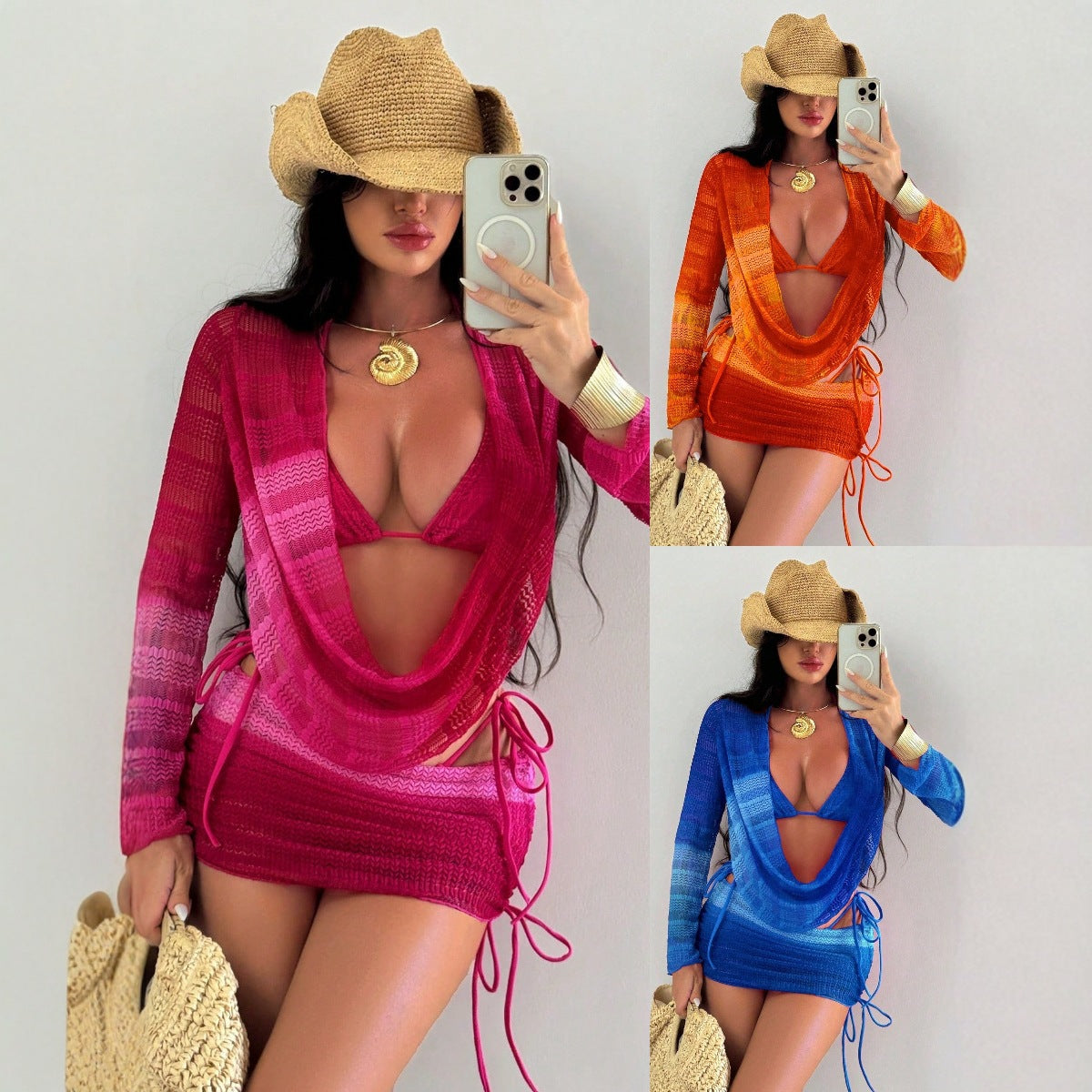 Tie-Dye Mesh Long Sleeve Beach Dress Bikini Set
