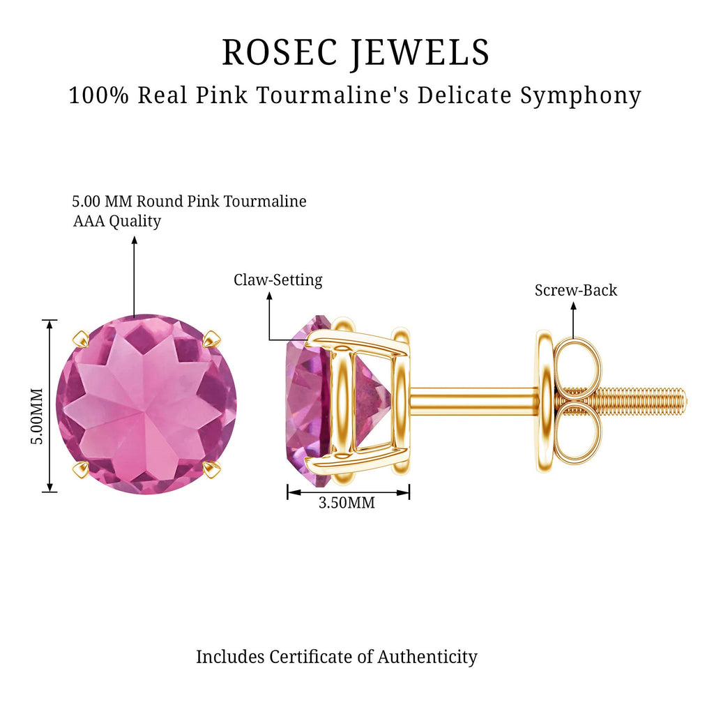Round Shape Pink Tourmaline Stud Earrings for Women