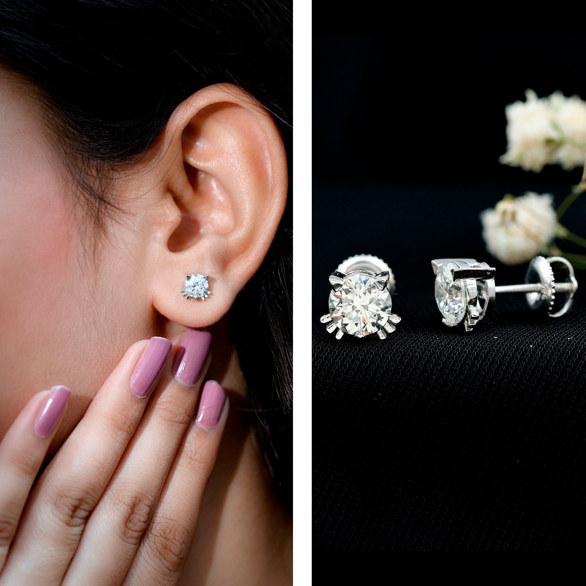 Natural Diamond Cat Stud Earrings