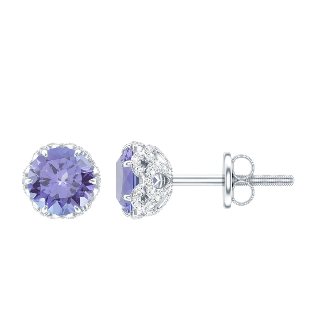 1 Carat Tanzanite Designer Stud Earrings with Diamond for Women