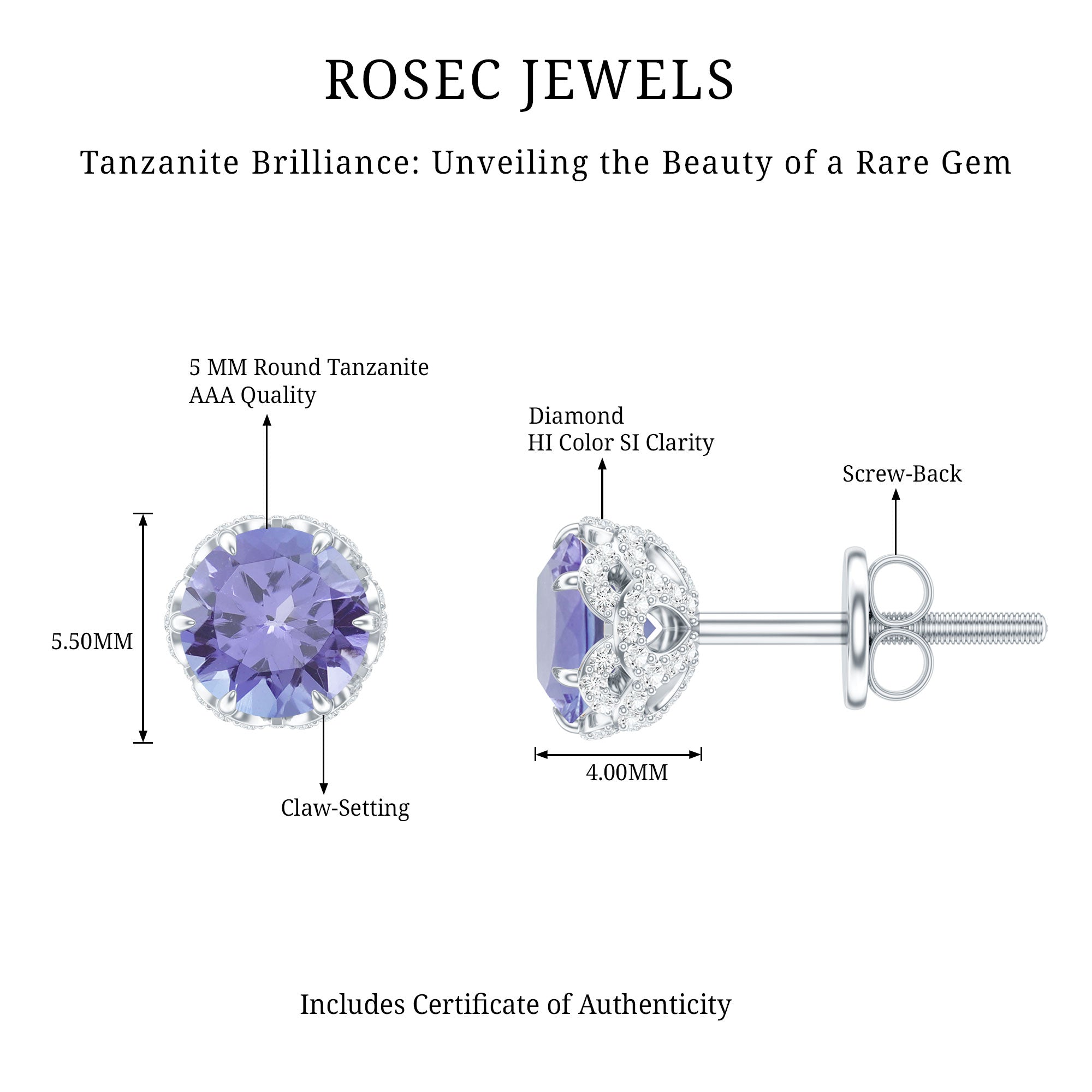 1 Carat Tanzanite Designer Stud Earrings with Diamond for Women