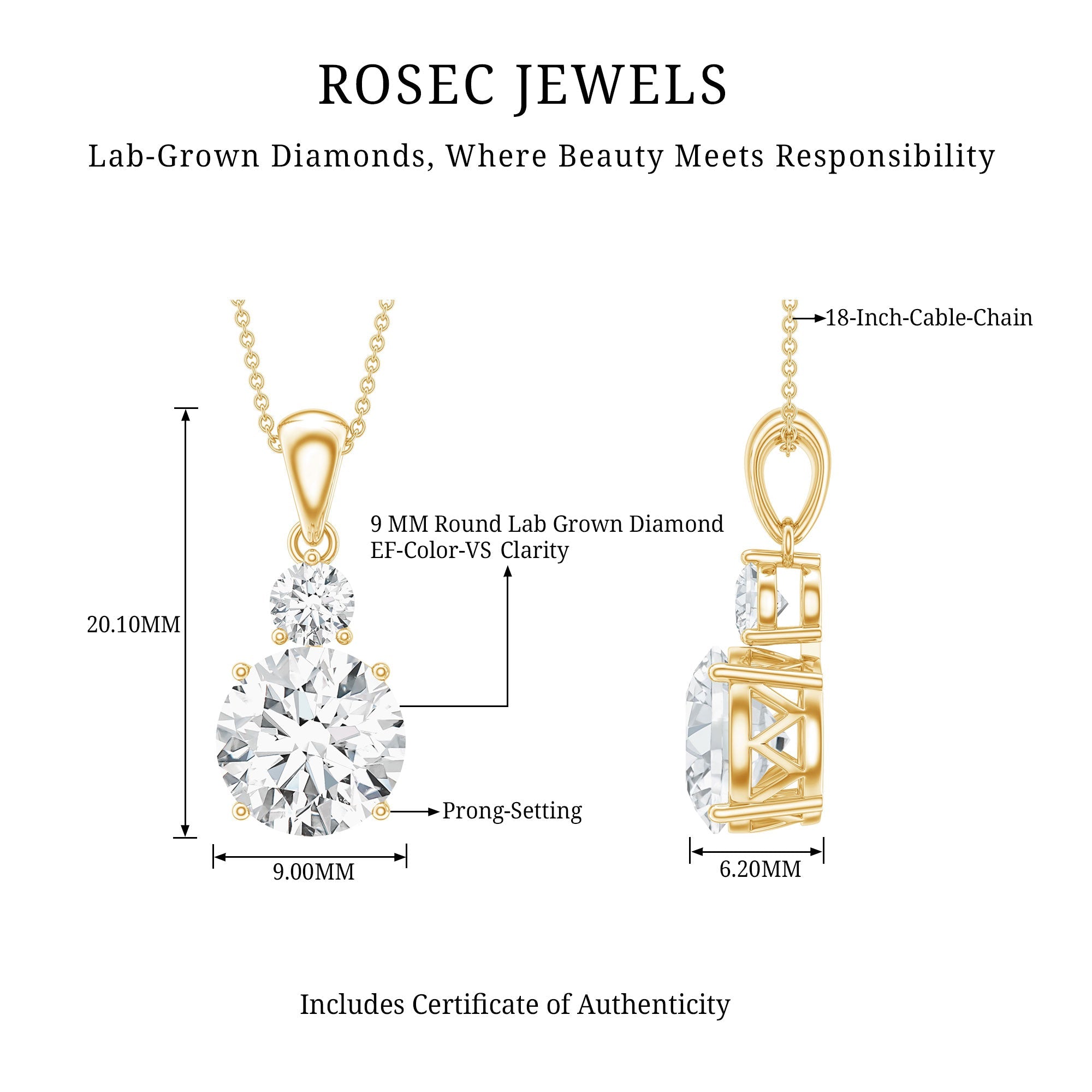 Certified 3 Carat Lab Grown Diamond Pendant Necklace For Women
