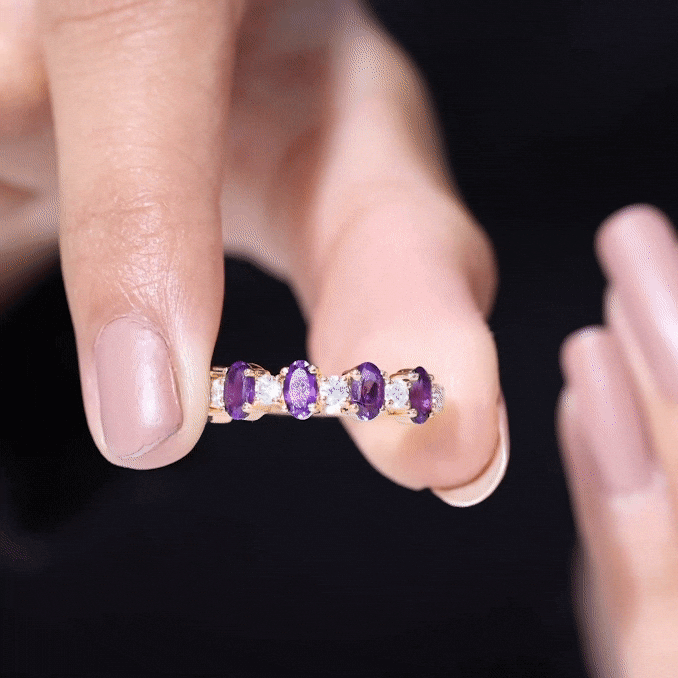 Natural Oval Amethyst Diamond Half Eternity Ring for Women