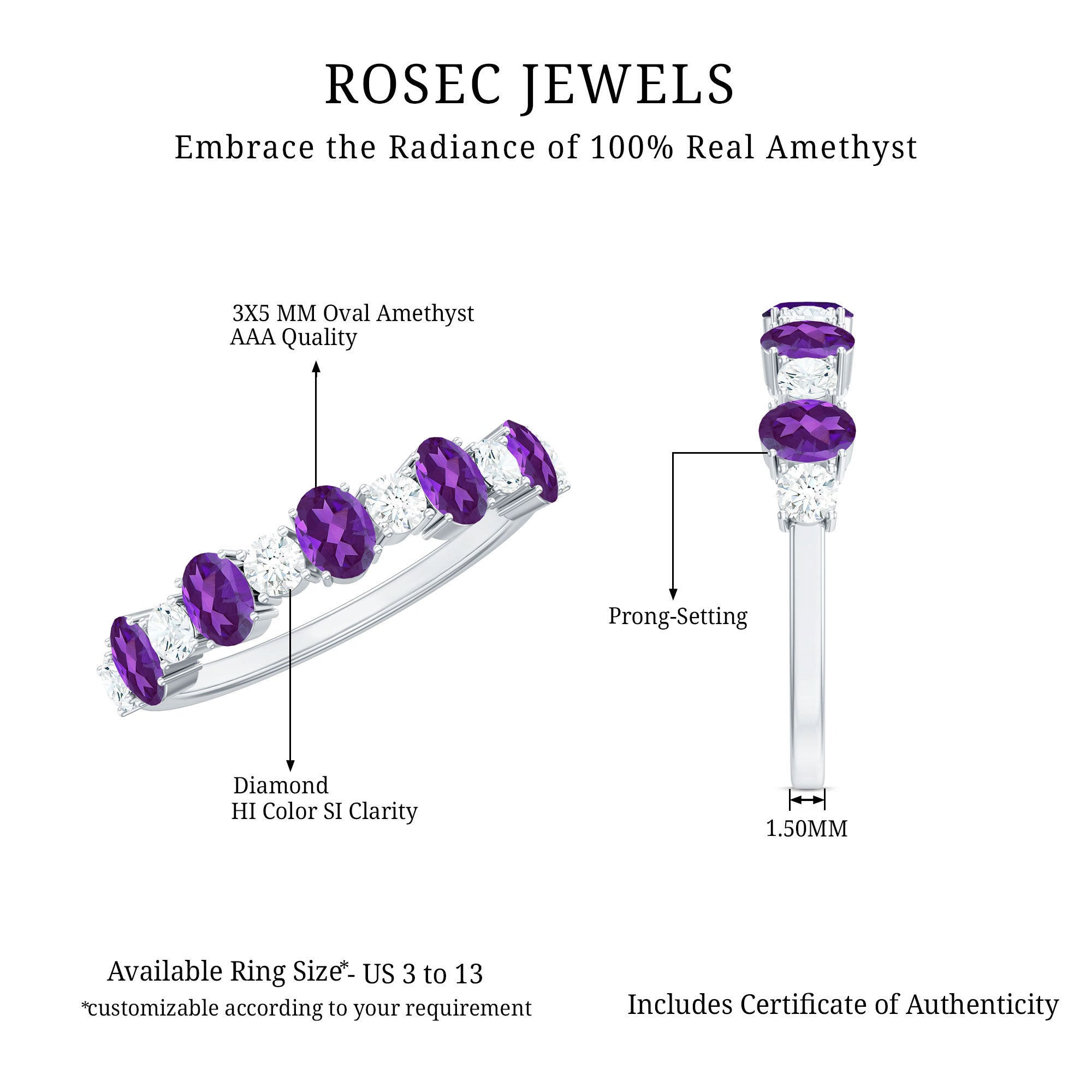 Natural Oval Amethyst Diamond Half Eternity Ring for Women
