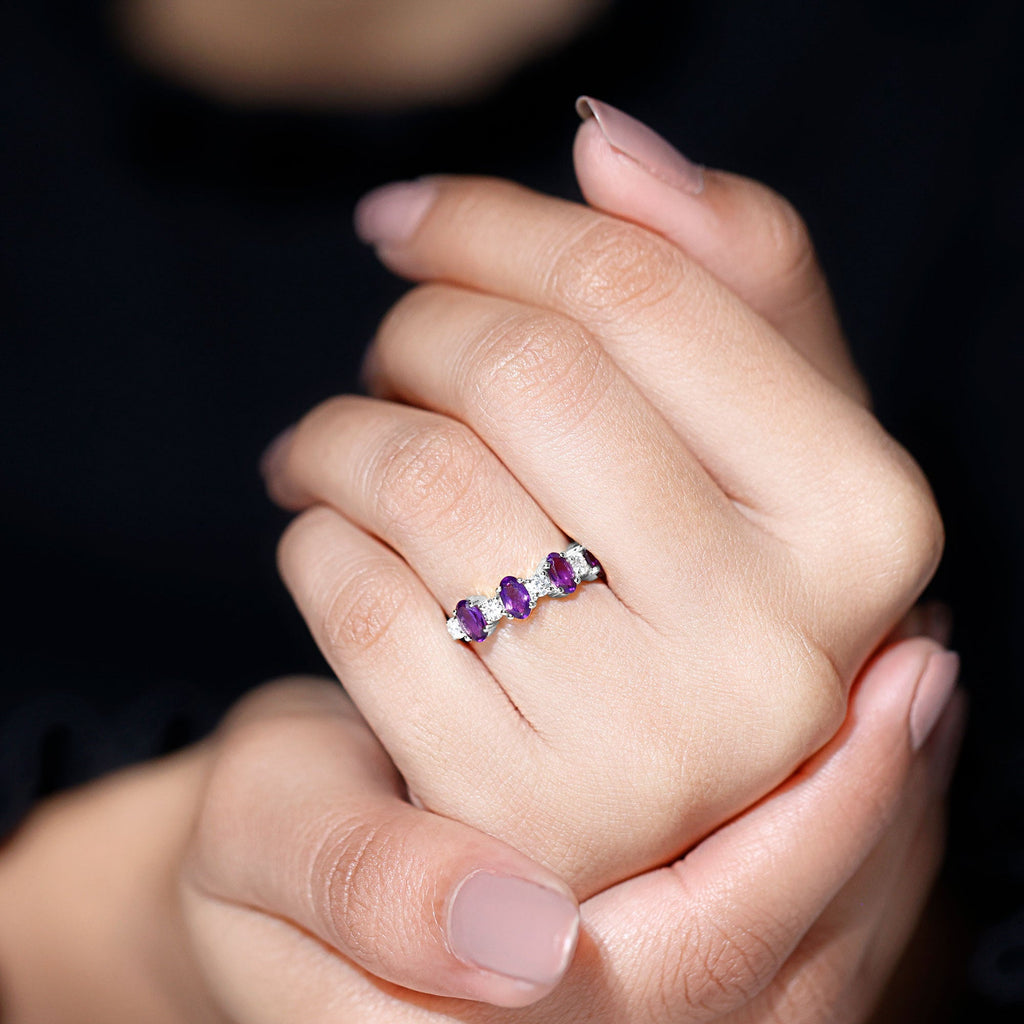 Natural Oval Amethyst Diamond Half Eternity Ring for Women