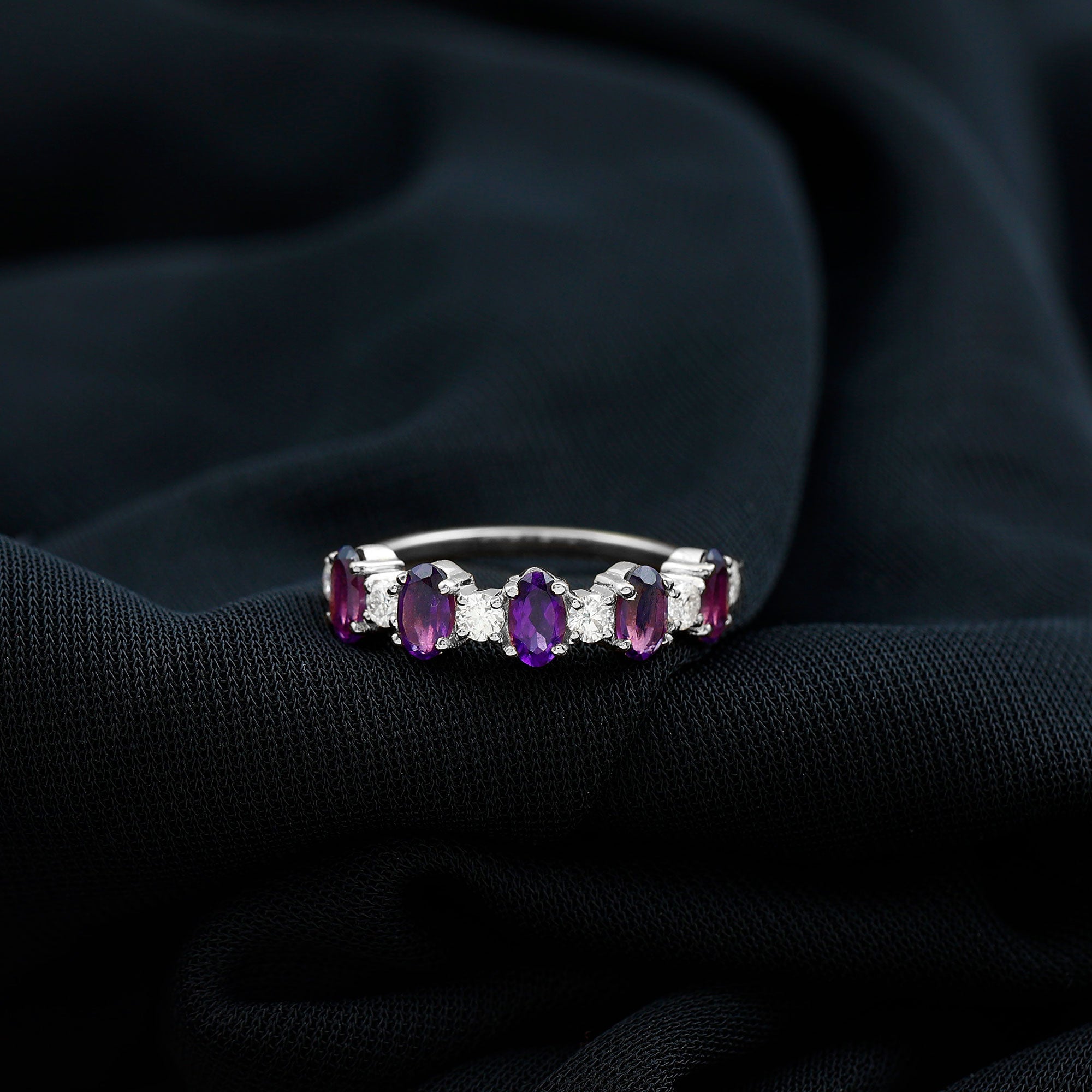Natural Oval Amethyst Diamond Half Eternity Ring for Women