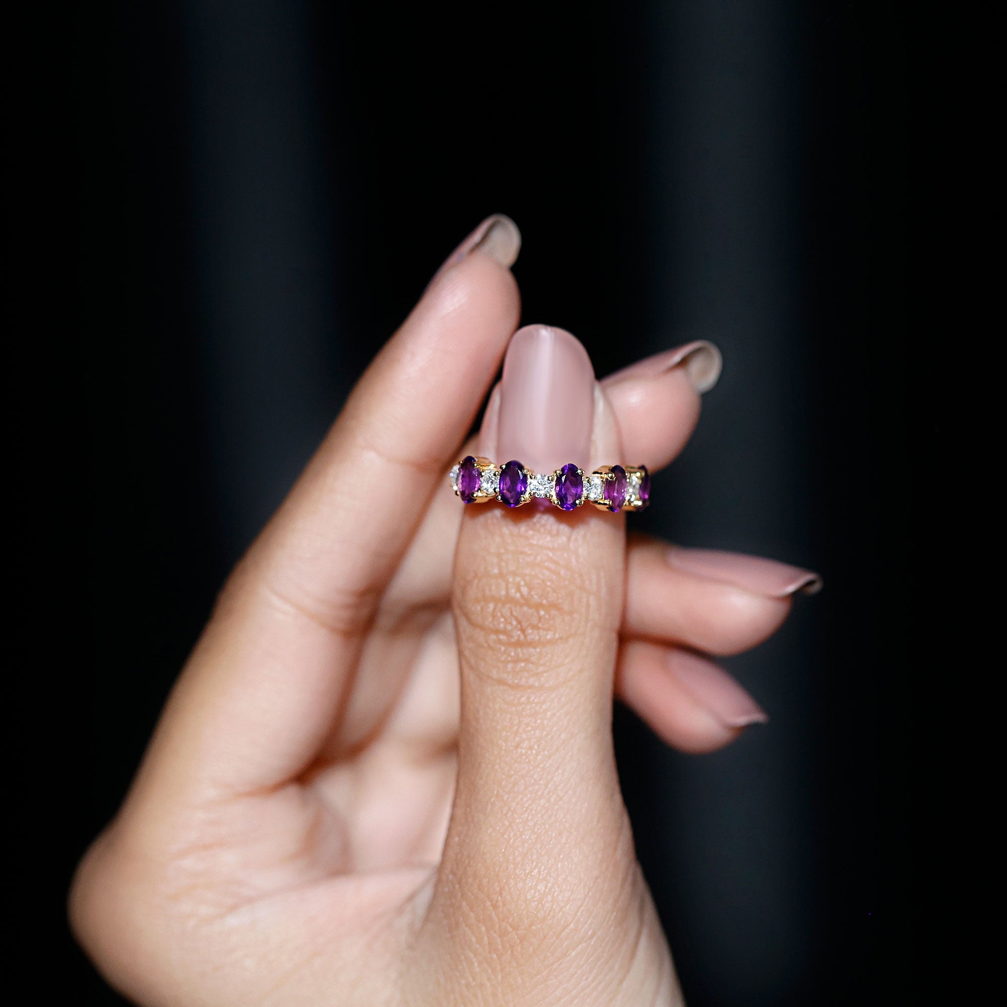 Natural Oval Amethyst Diamond Half Eternity Ring for Women
