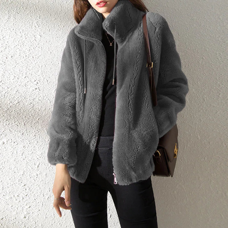 Women Autumn Winter Faux Fur Coats Zipper Cardigan Plush Thick Warm Coat Loose Oversized Outerwear Female Coral Fleece Overcoat