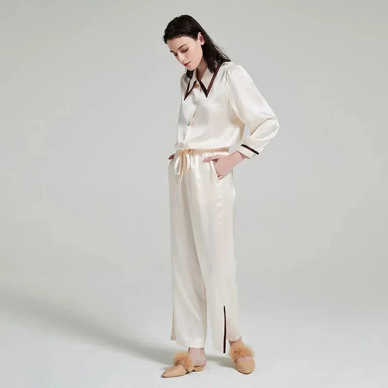 Contrast Silk Pajama Set Long-Sleeve Women's Sleepwear
