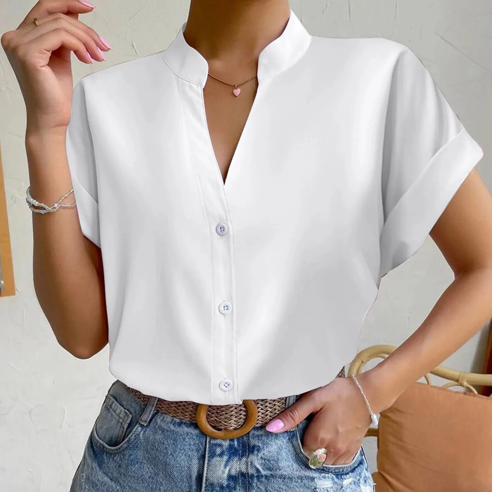 🧡 Summer Women's Satin V-Neck Short Sleeve Shirt – Elegant Casual Wear