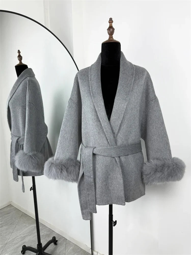 Tossy Fox Fur Wool Overcoat Women's Short Coat Office Lady Elegant Double-sided Woolen Coat 2025 New Cardigan Jackets Loose Wool