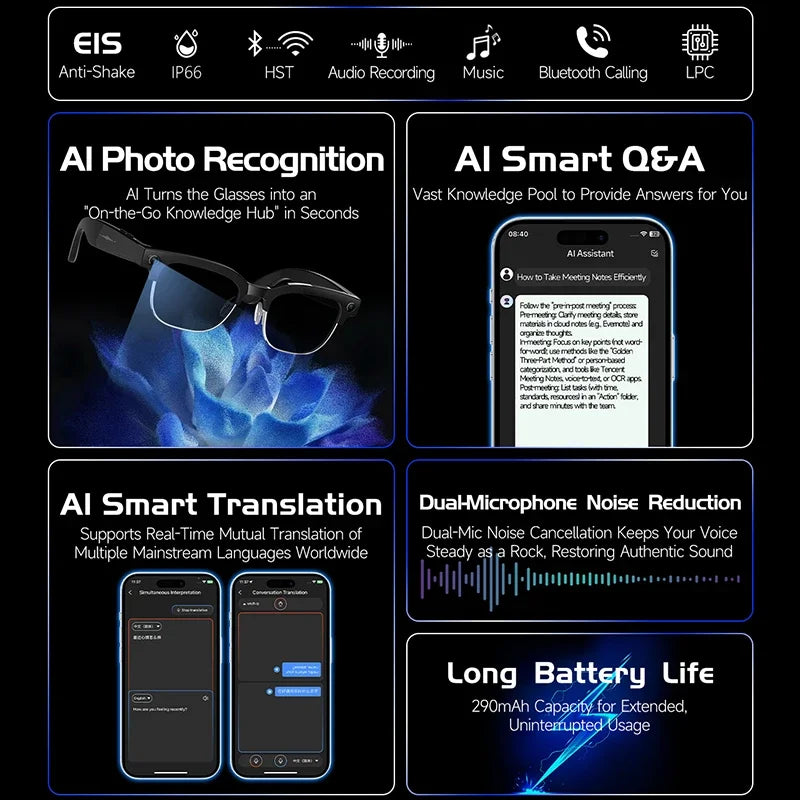 New 4K Glasses AI Smart Glasses With 8MP Camera Video Recording Translation Smart Sunglasses Bluetooth Call Music Play Men Women