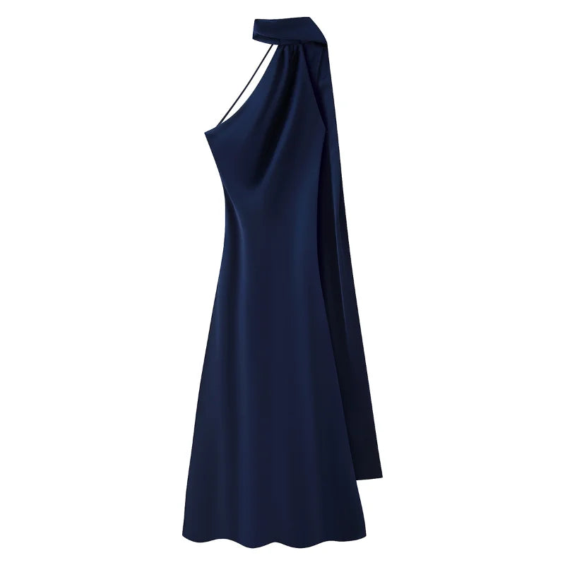 Elegant Women's Ribbon Long Satin Party Dress Halter Backless Sleeveless Female Dresses 2026 Summer Lady Solid Evening Gowns