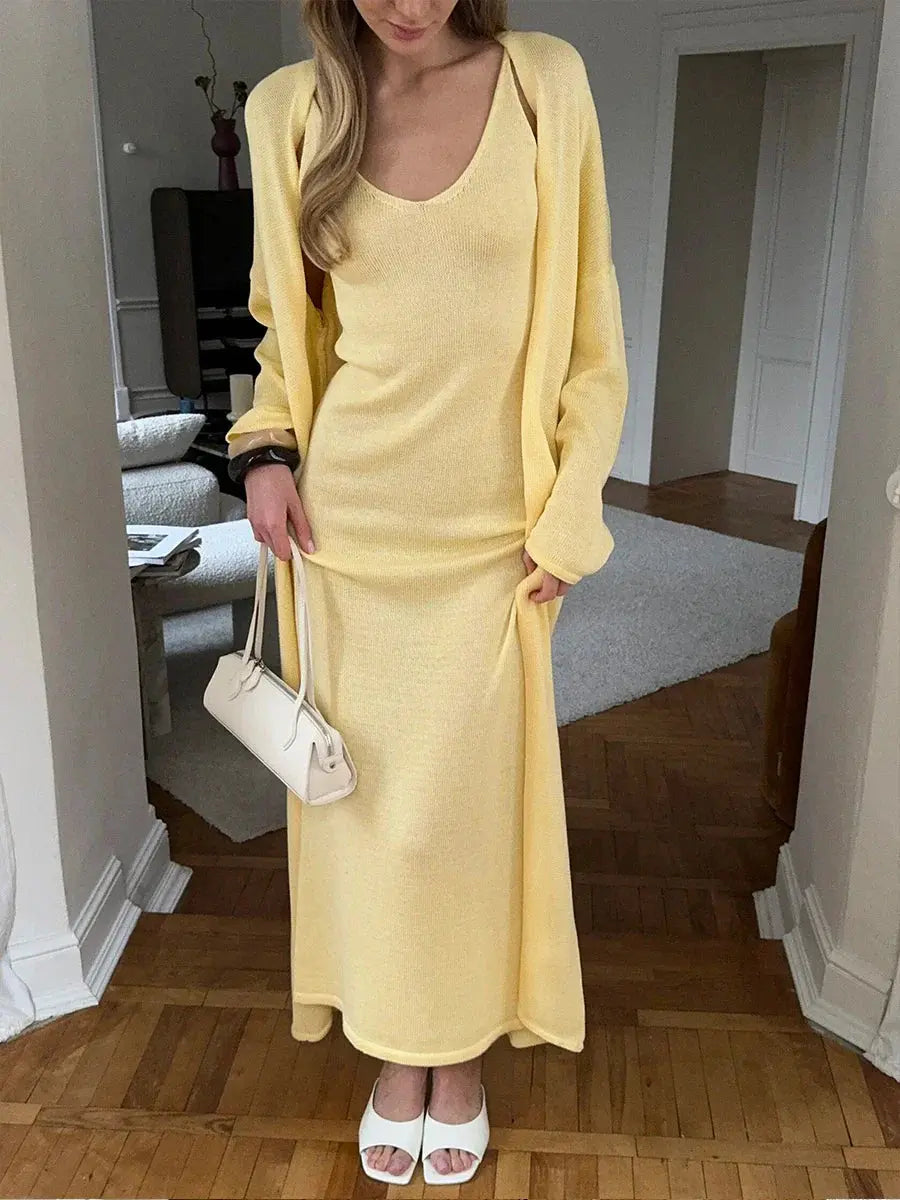 Effortless Soft-Knit Two-Piece Set with Long Cardigan