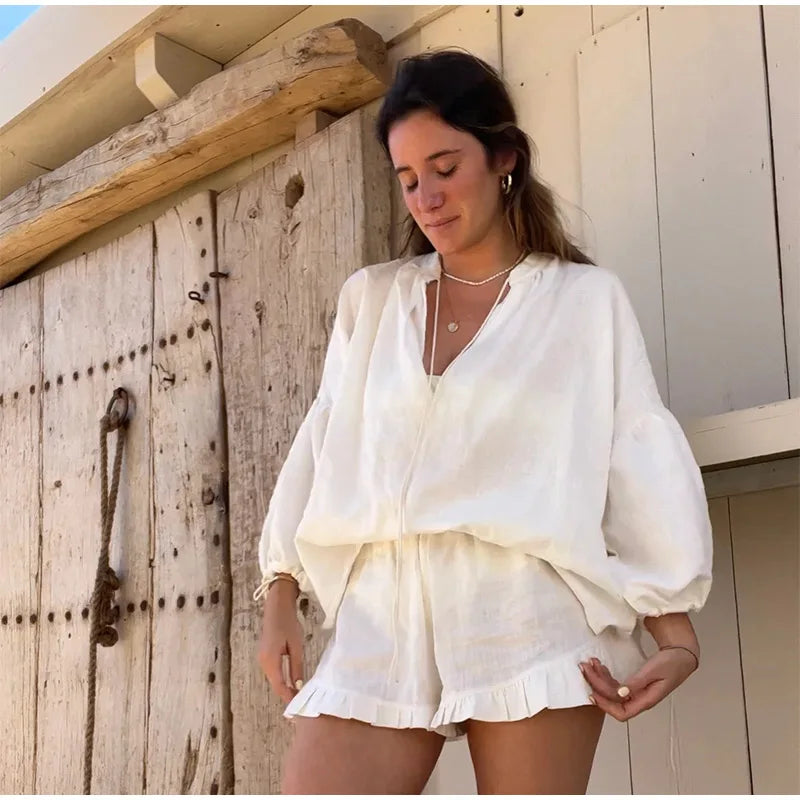 Women's Solid Cotton Linen Ruffle Shorts Suit V-neck Long Sleeve Drawstring Loose 2 Pieces Set