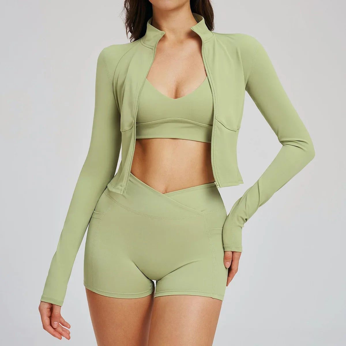 New 3 Pieces Yoga Set Women Workout Sportswear Gym Clothing Fitness Long Sleeve Crop Top Shorts Leggings Female Sport Bra Suits