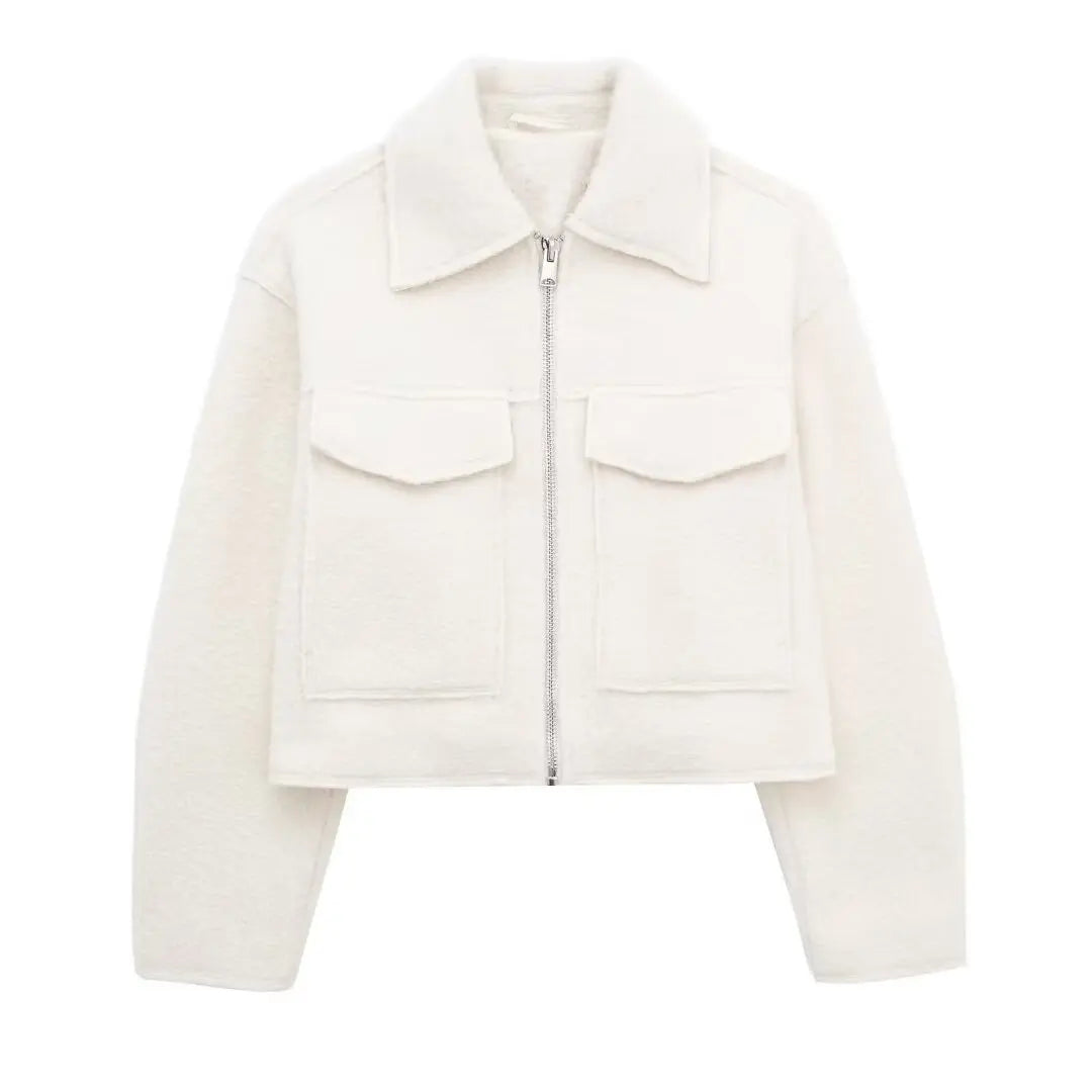 DUOPERI Women Fashion Winter Autumn Fleece Cropped Jacket Lapel Collar Long Sleeves Female Chic Lady Casual Short Outwear