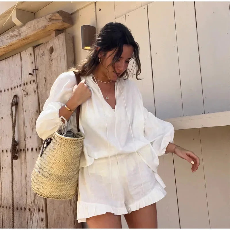 Women's Solid Cotton Linen Ruffle Shorts Suit V-neck Long Sleeve Drawstring Loose 2 Pieces Set