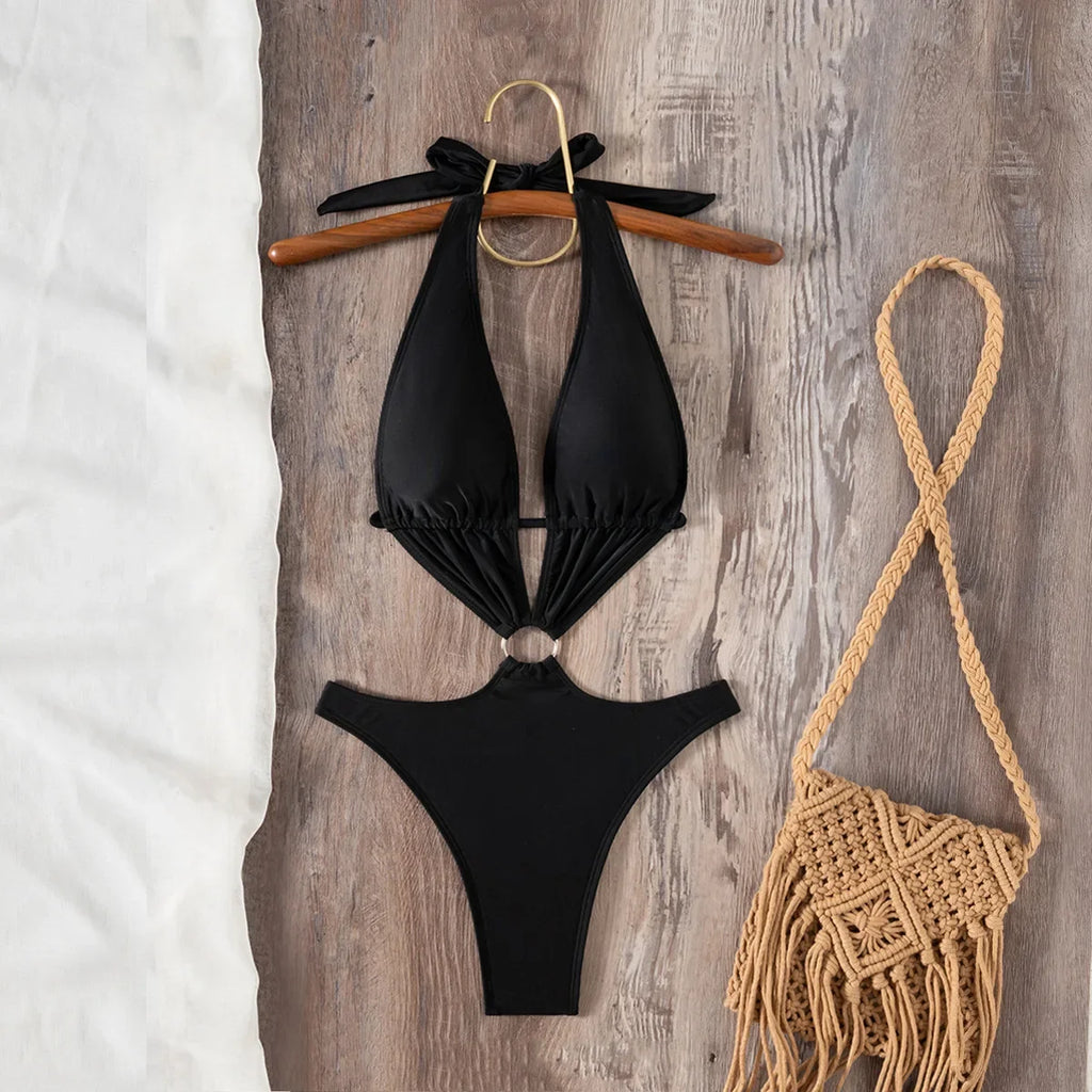 2026 Black Bandage Hollow Out Swimwear One Piece Swimsuit Women Push Up Metal Ring Linked Monokini Bathing Suit Swimming Wear