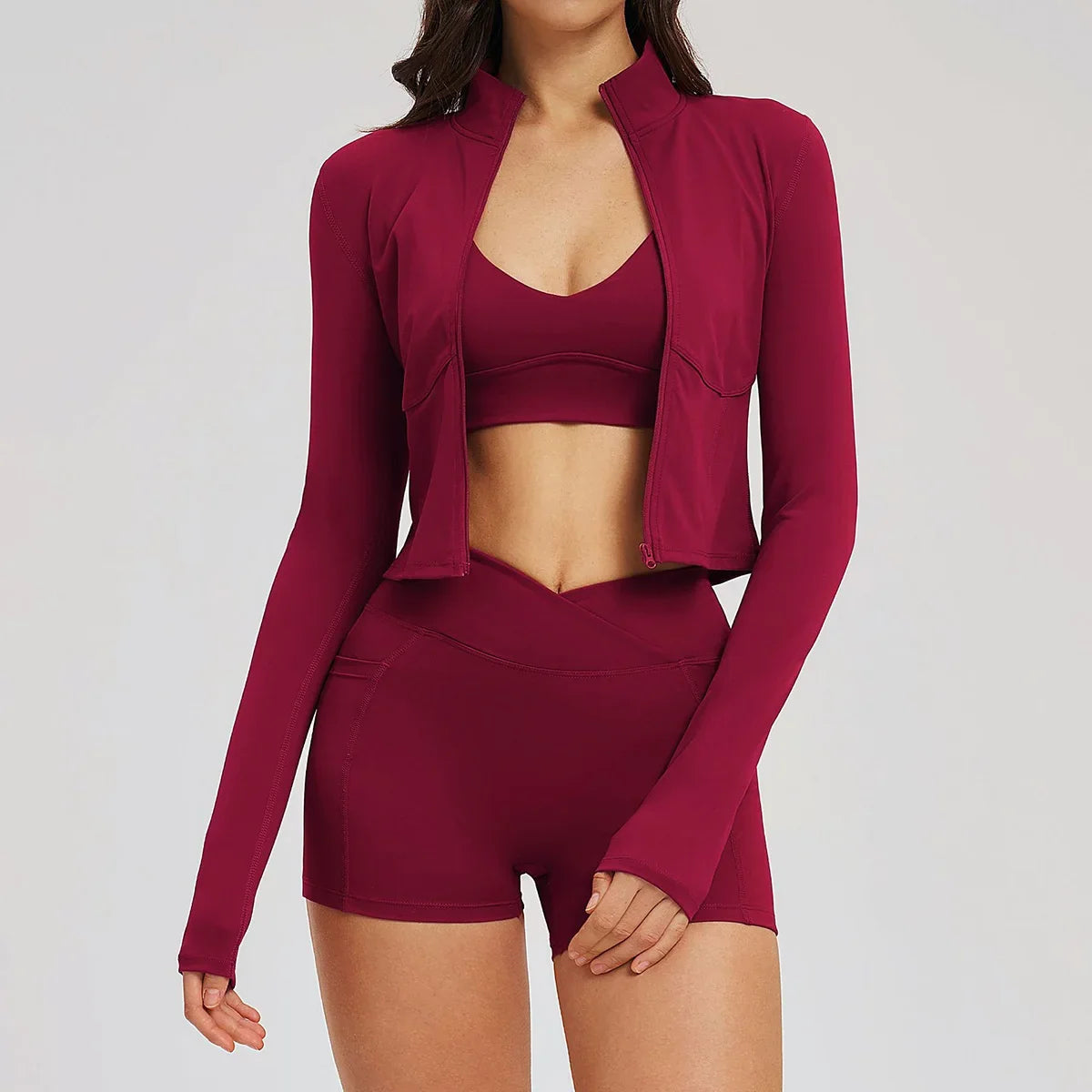 New 3 Pieces Yoga Set Women Workout Sportswear Gym Clothing Fitness Long Sleeve Crop Top Shorts Leggings Female Sport Bra Suits