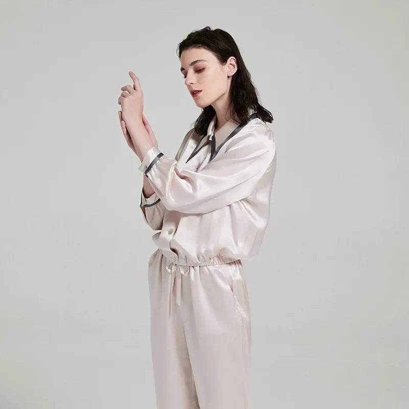 Contrast Silk Pajama Set Long-Sleeve Women's Sleepwear