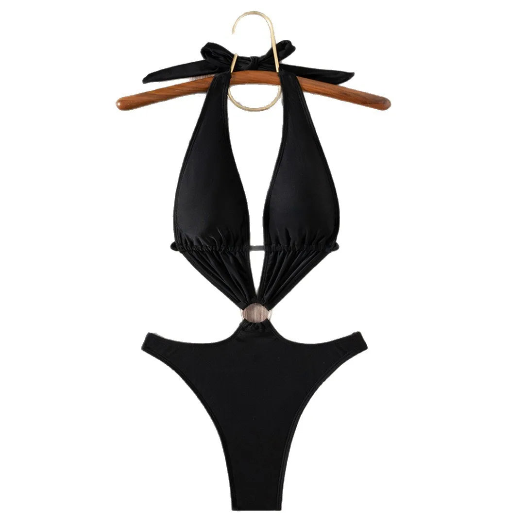 2026 Black Bandage Hollow Out Swimwear One Piece Swimsuit Women Push Up Metal Ring Linked Monokini Bathing Suit Swimming Wear