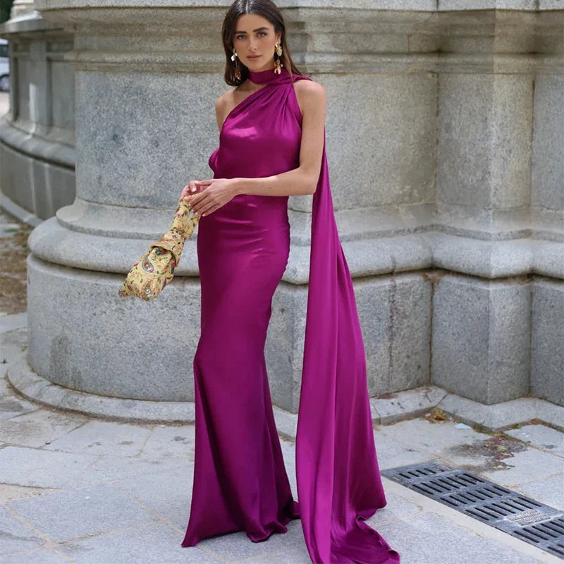 Elegant Women's Ribbon Long Satin Party Dress Halter Backless Sleeveless Female Dresses 2026 Summer Lady Solid Evening Gowns