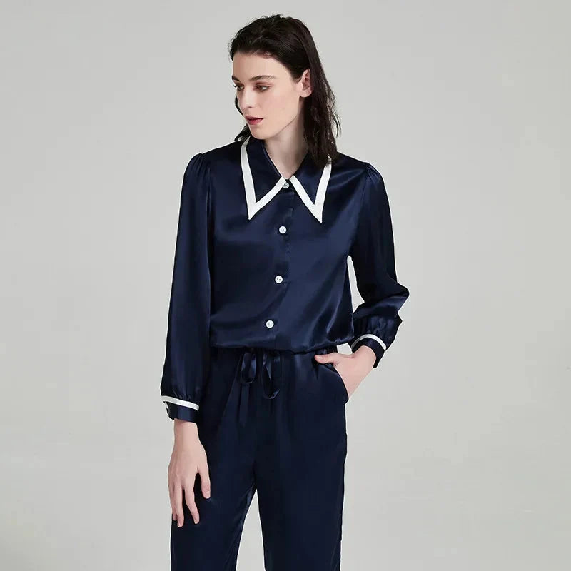 Contrast Silk Pajama Set Long-Sleeve Women's Sleepwear